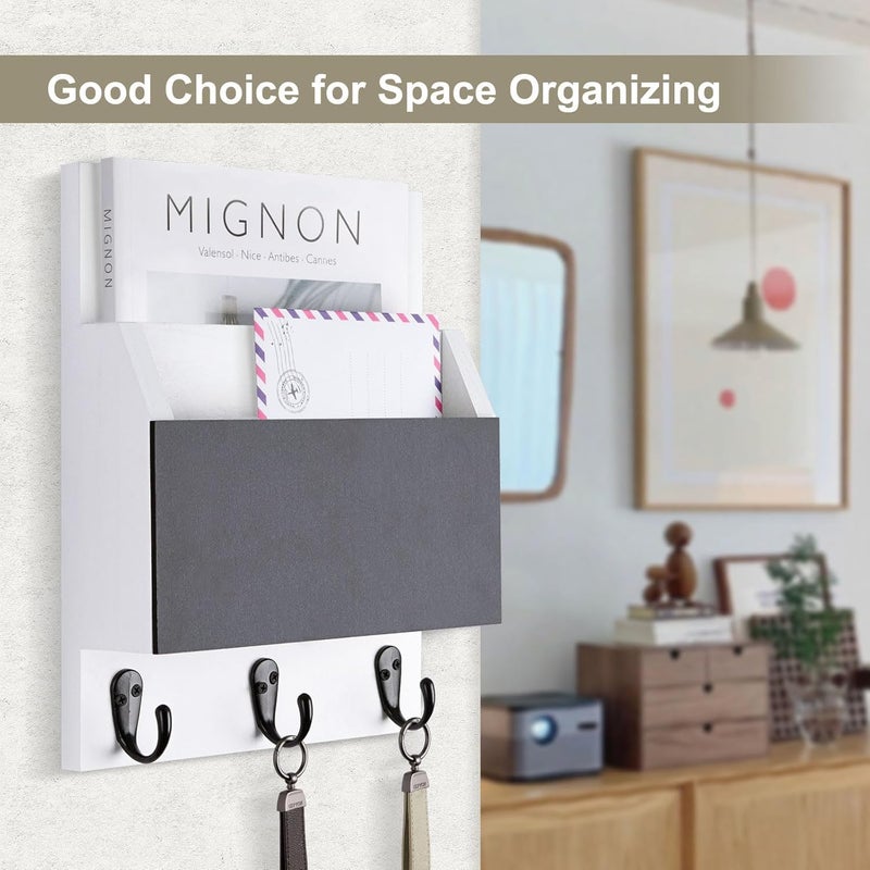 Lucundm Key and Mail Holder for Wall Mount, Entryway Mail Holder with 2 Slot, Key Holder with 3 Sturdy Hooks for Coat, Dog Leash, Decorative Key Rack (8.86”W x 11.42”H x 3”D) (White) - Image 2